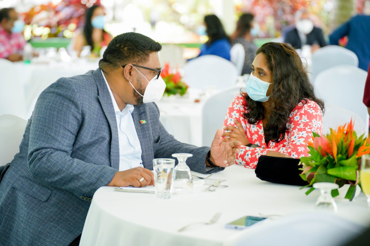 President Irfaan Ali and head of the Guyana Press Association, Ms Nazima Raghubir at the Annual Media Brunch 2021